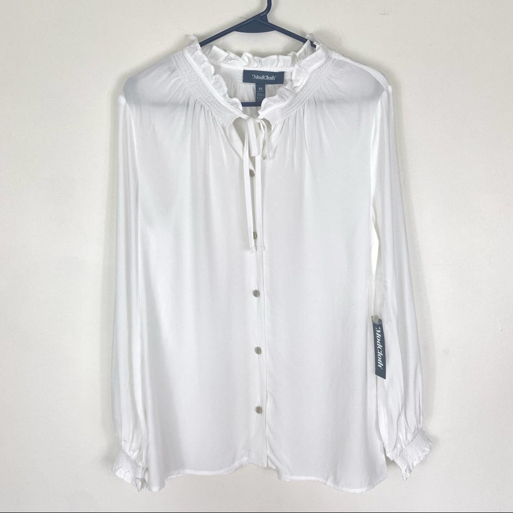 Modcloth Ruffle Tie Neck Button Front Blouse NEW